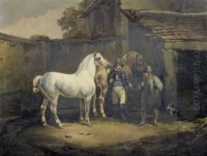Zwei Pferde Vor Gehoft. by Joseph Simon Volmar