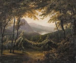 Mutter Und Kind Unter Hopfenranken In Waldiger Landschaft. by Rudolf Volmar