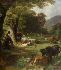 Peasant Family At Meal Time With Cows And Sheep