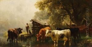 Uferlandschaft Mit Kuhen Und Angler by Friedrich Johann Voltz