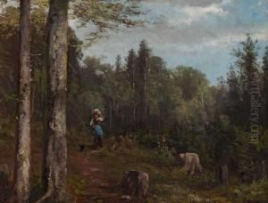 Bauerin Mit Hund Auf Dem Waldweg by Ludwig Gustav Voltz