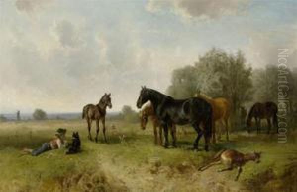 Group Of Horses With A Herdsman And His Dog - view 1