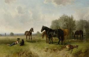 Group Of Horses With A Herdsman And His Dog by Ludwig Gustav Voltz
