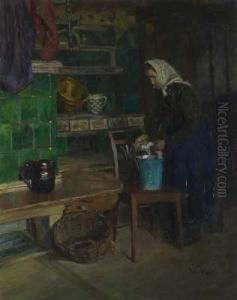 Magd Mit Putzeimer Vor Kachelofen by Wilhelm Volz