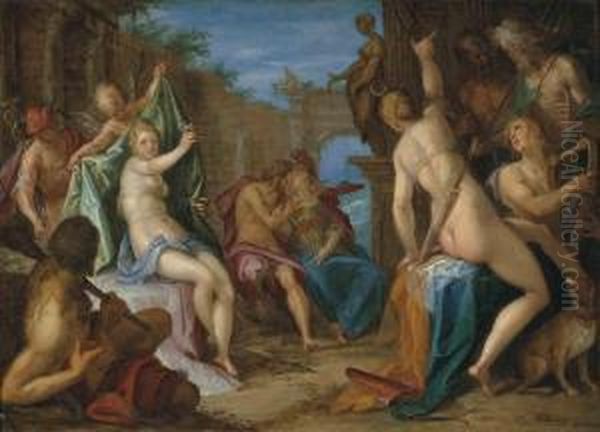 An Assembly Of The Gods, With Jupiter Embracing Minerva, Venusconfronting Diana Observed By Hercules, Mercury, Cupid And Apollo,and Neptune And Hades Conversing, In Classical Ruins - view 1