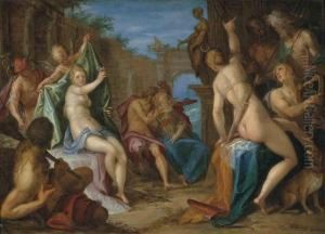 An Assembly Of The Gods, With Jupiter Embracing Minerva, Venusconfronting Diana Observed By Hercules, Mercury, Cupid And Apollo,and Neptune And Hades Conversing, In Classical Ruins by Hans Von Aachen