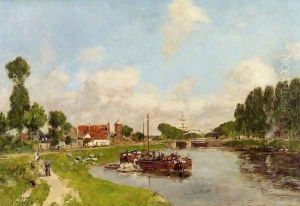 Saint-Velery-sur-Somme, Barges on the Canal by Eugene Boudin