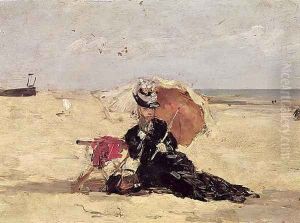 Woman with a Parasol on the Beach 1880 by Eugene Boudin