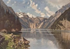 Ruderboot Auf Gebirgssee Vor Alpenkulisse