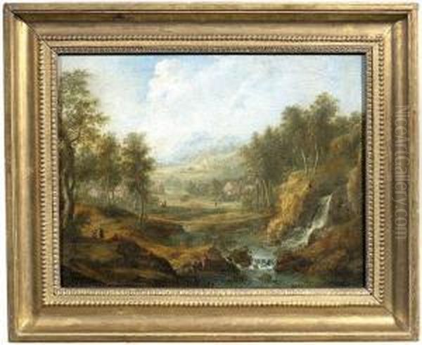 Waldlandschaft Mit Einem Wasserfall, Figurenstaffage Und Einem Dorf Im Hintergrund - view 1
