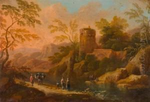 Flusslandschaft Mit Burgruine Und Figuren.