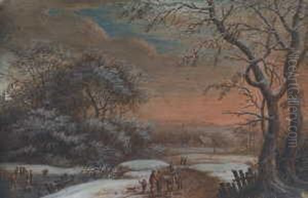 Winterlandschaft. Gouache Auf Papier, Mit Schwarzer Tuschlinie Umrandet, Auf Holz Aufgezogen. H 13; B 19 Cm. - view 1