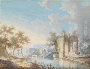 Flusslandschaft Mit Fischern Vor Einer Antiken Ruine Und Hugeln Im Hintergrund by Georg Christoph Ii Von Bemmel