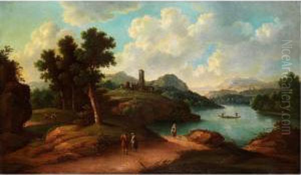 Italienische Landschaft Mit Tieferliegendem See, Felsigen Ufern Und Gebauden Mit Campanile - view 1