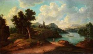 Italienische Landschaft Mit Tieferliegendem See, Felsigen Ufern Und Gebauden Mit Campanile