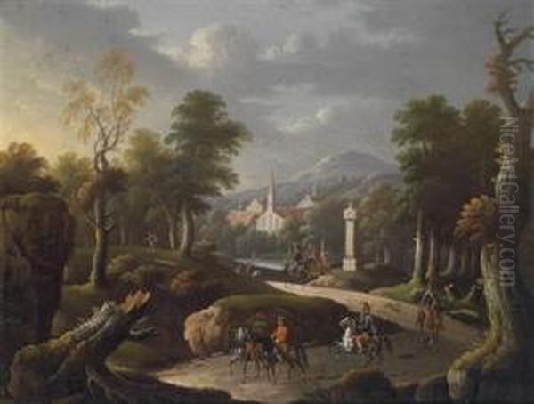 A Mountainous Landscape With Travellers On A Road And A Town In The Background - view 1