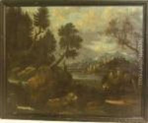 Flusslandschaft Mit Burganlage Und Personenstaffage by Johann Georg Von Bemmel