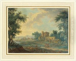 A Pair Of Landscapes With Figures And Buildings By A River by Karl Sebastian Von Bemmel