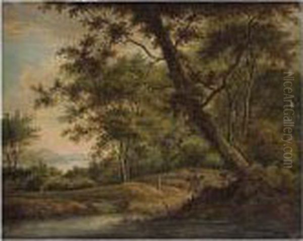 A Wooded River Landscape With Figures On A Path - view 1