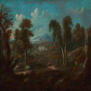 Arcadian Landscape With Houses Near A River by Peter Von Bemmel