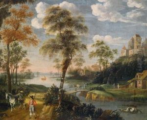 Flusslandschaft Mit Einer Hochgelegenen Burg Und Figurenstaffage by Peter Von Bemmel