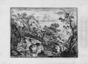 Landschaft Mit Fusganger Bei Einem Reiter; Landschaft Mit Wasserfall by Peter Von Bemmel