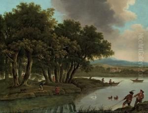 Flusslandschaft Mit Fischer by Peter Von Bemmel