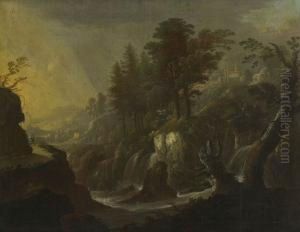 Bewaldete Felsenlandschaft Mit Wasserfall. by Peter Von Bemmel