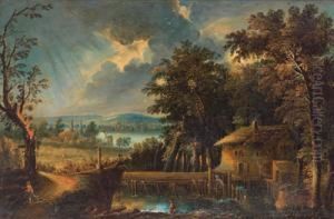 Paesaggio Fluviale Romantico Al Tramonto by Peter Von Bemmel