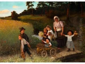 Bauernkinder Mit Junger Mutter Auf Dem Heimweg by Carl Von Bergen