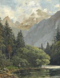 Landschaft Bei Berchtesgaden Mit Angler Am Flussbett.