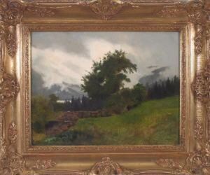 Blick Von Einer Wiese Uber Baume Auf Einen See Vor Wolkenverhangenen Bergen by Ernst Von Bernuth