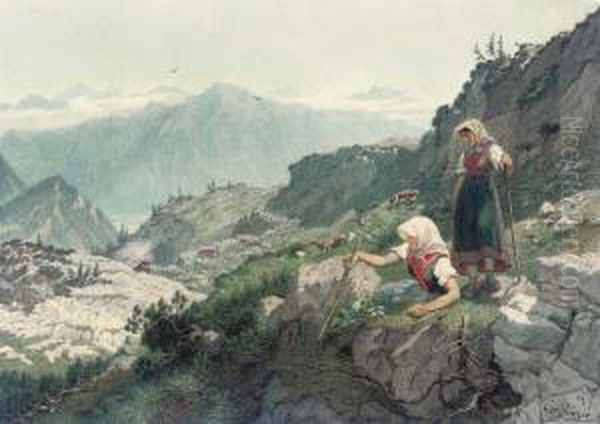 An Alpine Landscape With Two Peasant Girls Seated On Rocks In Theforeground - view 1