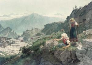 An Alpine Landscape With Two Peasant Girls Seated On Rocks In Theforeground