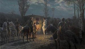Night-time Scene. Horsemen Detain An Elegant Carriage