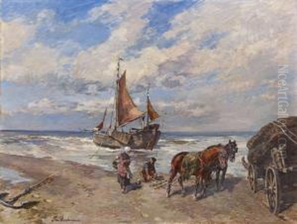 Strandlandschaft Mitfischern Und Pferdewagen - view 1