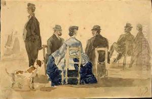 Ladies and Gentlemen Seated on the Beach with a Dog by Eugene Boudin