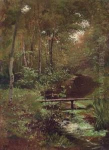 Waldlandschaft Mit Bach Und Steg by Rudolf Von Bohr