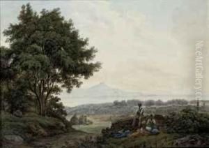 Travellers Resting On A Stone Fence by Carl Gustave Salamon Von Bonstetten Von Mestral