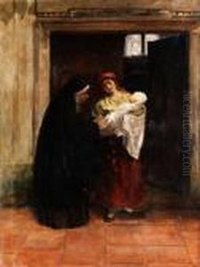 Junge Frau Mit Wickelkind An Einer Klosterpforte Mit Klosterfrau by August Von Brandis