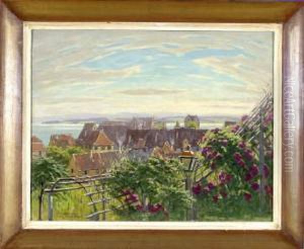 Meersburg - Blick Von Einer Anhohe Auf Die Dacher Der Stadt, Die Burg Und Den Bodensee Im Hintergrund, Vorne Rot Bluhende Straucher - view 1