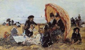 Trouville, on the Beach Sheltered by a Parasol by Eugene Boudin