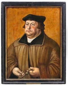 Bildnis Eines Mannes, Der Einen Rosenkranz In Den Handen Halt by Lucas The Elder Cranach