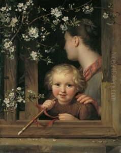 Kind Und Madchen In Einem Weinlaubumrankten Fenster. by August von der Embde