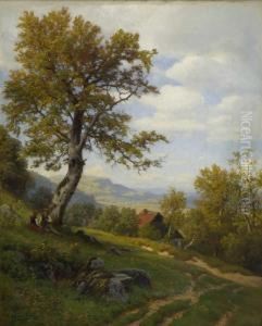 Spatsommerliche Landschaft Mit Rastendem Bauernpaar by Carl Von Der Hellen