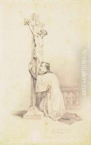 An Acolyte In Prayer At The Base Of A Crucifix<</b> An Acolyte In Prayer At The Base Of A Crucifix<</b>