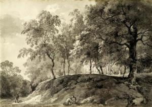 Idyllic Forest Scene With Kneeling Figures, A Walker And A Deer by Georg Maximilian Johann Von Dillis