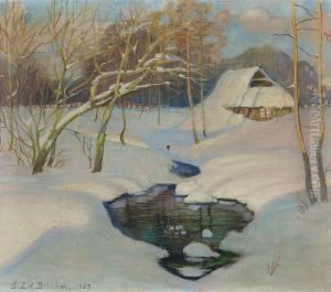 Tiefverschneite Winterlandschaft Mit Bauernhaus Und Offenem Wasserloch Tiefverschneite Winterlandschaft Mit Bauernhaus Und Offenem Wasserloch