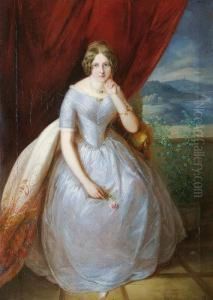 A Lady In A River Landscape by Carl Martin Von Ebersberg