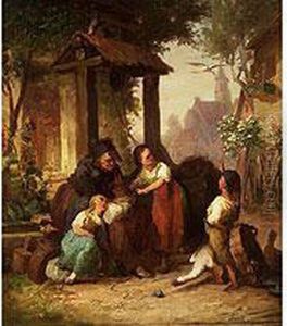 Alte Frau Mit Kleinkind, Umgeben Von Dorfkindern by Karl Von Enhuber